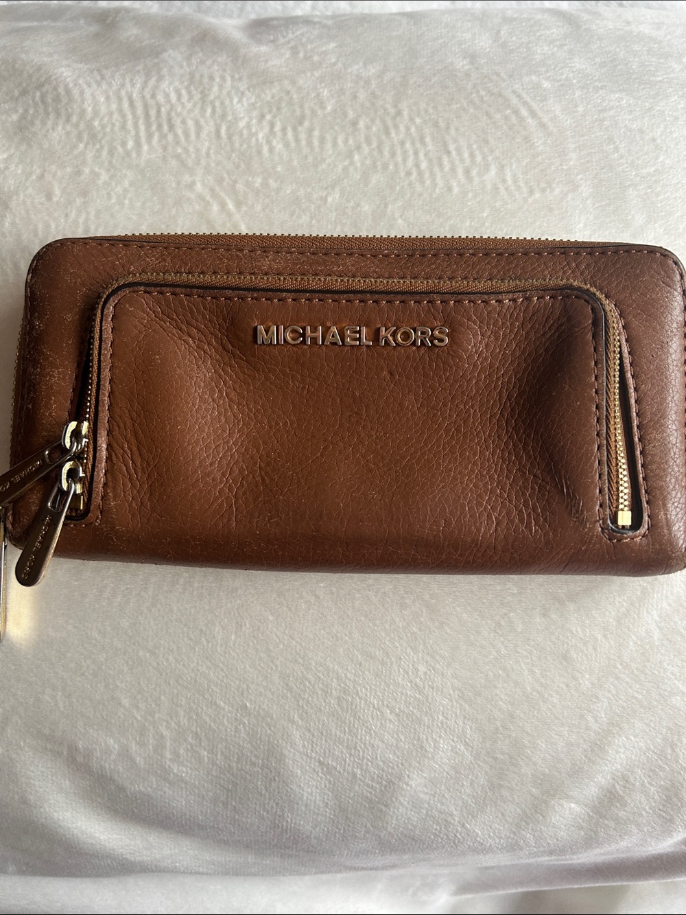 Michael Kors Brown Pebbled Leather Continental Wallet with Front Zip